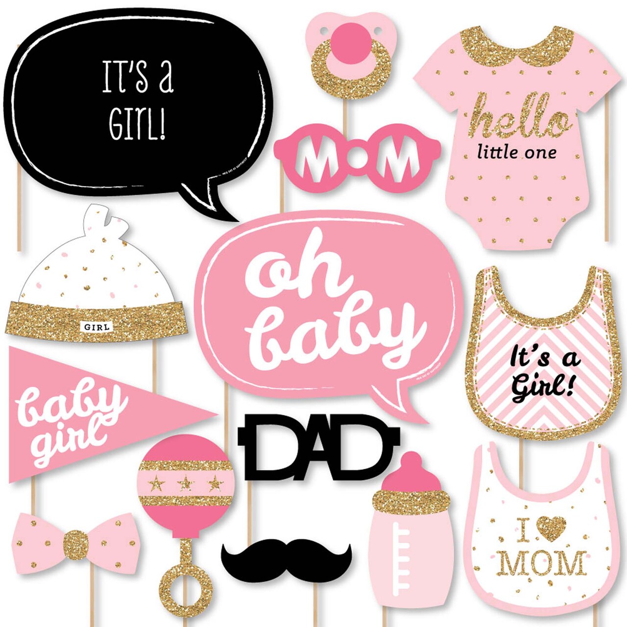 Big Dot of Happiness Hello Little One - Pink and Gold - Girl Baby Shower Photo Booth Props Kit - 20 Count